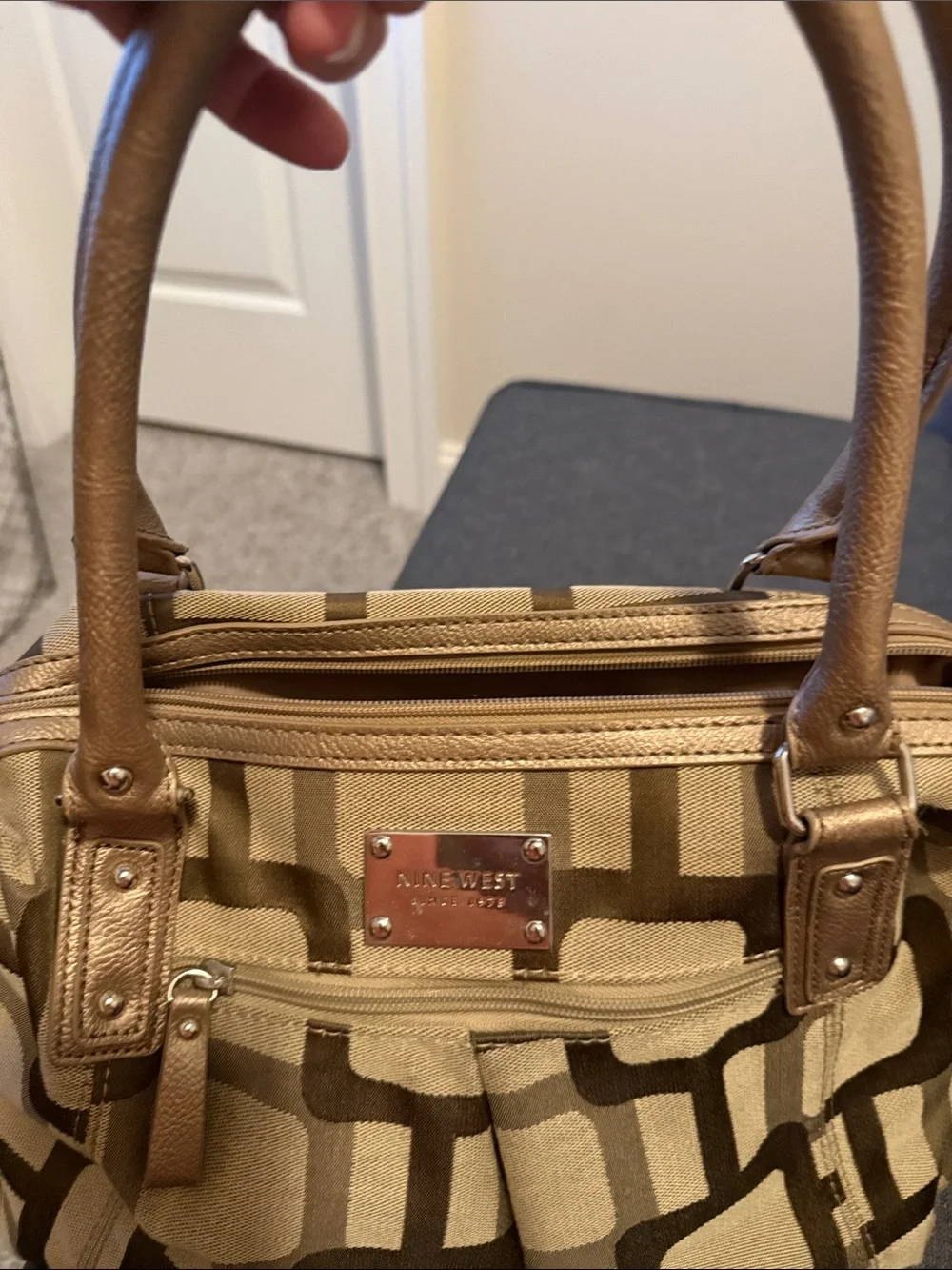 Nine West Beige and Brown Geometric Satchel